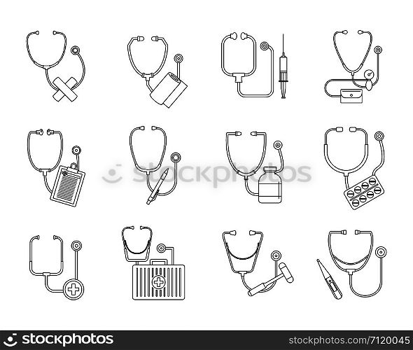 Phonendoscope stethoscope icons set. Outline illustration of 12 phonendoscope stethoscope vector icons for web. Phonendoscope stethoscope icons set, outline style