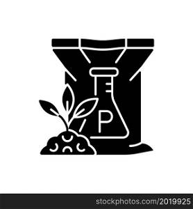 Phosphorus fertilizer black glyph icon. Chemical supplement for ground and plants. Inorganic feeding. Minerals and nutrients. Silhouette symbol on white space. Vector isolated illustration. Phosphorus fertilizer black glyph icon