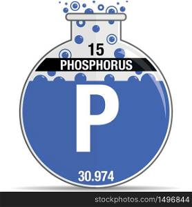 Phosphorus symbol on chemical round flask. Element number 15 of the Periodic Table of the Elements - Chemistry. Vector image