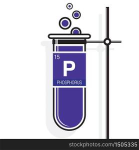 Phosphorus symbol on label in a violet test tube with holder. Element number 15 of the Periodic Table of the Elements - Chemistry