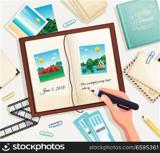 Photo album cartoon vector illustration with human hand holding pencil for writing explanation under photograph in scrapbook page. Photo Album Vector Illustration