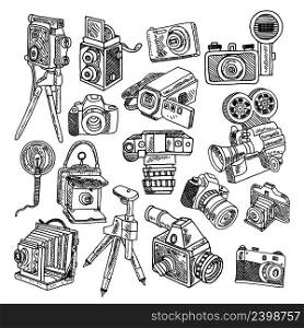 Photo and movie vintage hobby cameras with tripod and flashlight pictograms collection graphic doodle sketch vector illustration