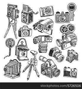 Photo and movie vintage hobby cameras with tripod and flashlight pictograms collection graphic doodle sketch vector illustration