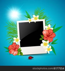 Photo and tropical flowers on a blue background. Vector illustration.