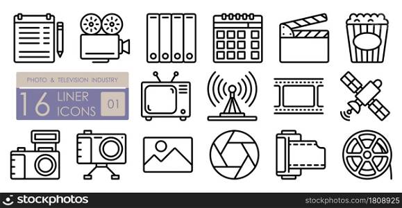 Photo and TV industry. Equipment for professional photography and filming. Television, camcorder, camera, roll of film. Set of simple linear icons
