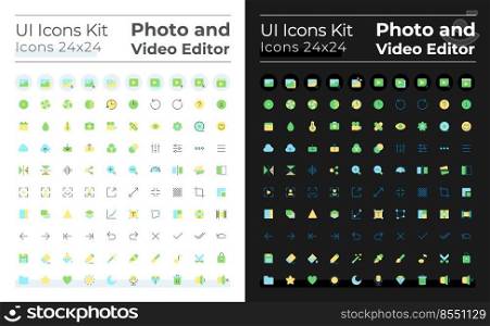 Photo and video editor flat color ui icons set for dark, light mode. Media files editing tools. GUI, UX design for mobile app. Vector isolated RGB pictograms. Montserrat Bold, Light fonts used. Photo and video editor flat color ui icons set for dark, light mode