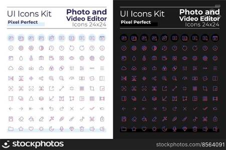 Photo and video editor pixel perfect gradient linear ui icons set for dark, light mode. Line contour user interface symbols. Modern style pictograms. Vector isolated outline illustrations. Photo and video editor pixel perfect gradient linear ui icons set for dark, light mode
