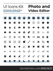 Photo and video editor tools black glyph ui icons set. Silhouette symbols on white space. Solid pictograms for web, mobile. Isolated vector illustrations. Montserrat Bold, Light fonts used. Photo and video editor tools black glyph ui icons set