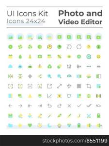 Photo and video editor tools flat color ui icons set. Multimedia files adjustment. Digital program. GUI, UX design for mobile app. Vector isolated RGB pictograms. Montserrat Bold, Light fonts used. Photo and video editor tools flat color ui icons set