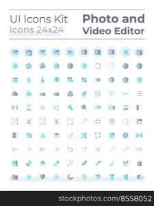 Photo and video editor tools flat gradient color ui icons set. Multimedia adjustment. Digital program. Vector isolated RGB pictograms. GUI, UX design for web, mobile. Montserrat Bold, Light fonts used. Photo and video editor tools flat gradient color ui icons set