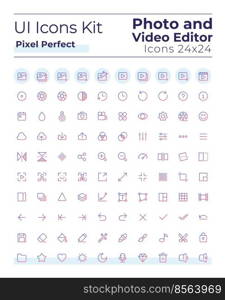 Photo and video editor tools pixel perfect gradient linear ui icons set. Digital program. Line contour user interface symbols. Modern style pictograms. Vector isolated outline illustrations. Photo and video editor tools pixel perfect gradient linear ui icons set