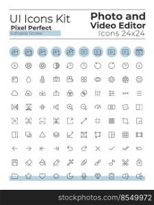 Photo and video editor tools pixel perfect linear ui icons set. Multimedia adjustment. Digital program. Outline isolated user interface elements. Editable stroke. Montserrat Bold, Light fonts used. Photo and video editor tools pixel perfect linear ui icons set