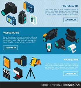 Photo and video horizontal banners set with photography videography and accessory isometric elements isolated vector illustration. Photo And Video Banners