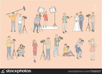 Photo and video shooting, paparazzi, journalism set concept. Men, women photographers journalists using cameras shooting video, taking pictures, photo. Wedding model agency tv news. Simple flat vector. Photo and video shooting, paparazzi, journalism set concept