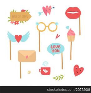 Photo booth elements. Love decorations, heart lips cake stickers for planners diary vector set. Decoration love photo booth, wedding scrapbook illustration. Photo booth elements. Love decorations, heart lips cake stickers for planners diary vector set