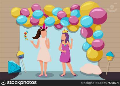 Photo booth party background with baloons and dancing flat vector illustration