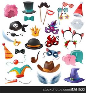Photo Booth Party Icons Set . Collection of isolated cartoon icons with props for masquerade so as mask monocle bowler cylinder nose moustache vector illustration