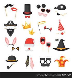 Photo booth party icons set with ears beard and glasses flat isolated vector illustration . Photo Booth Party Set
