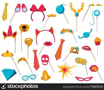 Photo booth props accessories collection with cupcake mask diamond glasses party objects flat white background vector illustration