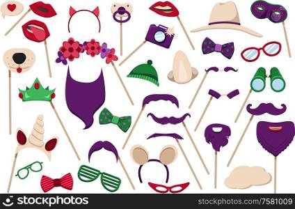 Photo booth props accessories flat icons collection with lips hats glasses party vacation objects isolated vector illustration