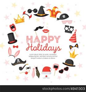 Photo Booth Props Illustration . Photo booth props poster with happy holidays symbols flat vector illustration