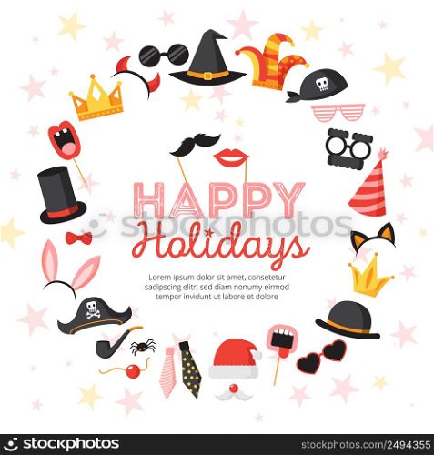 Photo booth props poster with happy holidays symbols flat vector illustration. Photo Booth Props Illustration