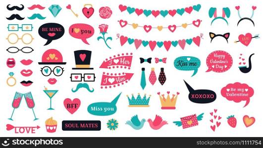 Photo booth props Valentine Day. Love hearts prop, kiss lips and heart shapes bunting. 14 February or wedding romantic hipster photo props. Isolated vector symbols set. Photo booth props Valentine Day. Love hearts prop, kiss lips and heart shapes bunting vector set