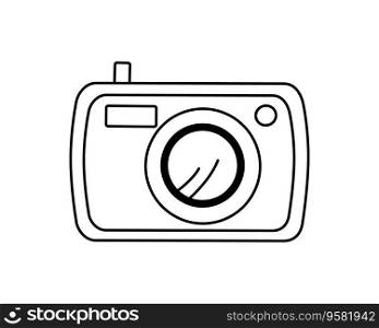 Photo camera black and white outline drawing. Doodle icon. Monochrome vector illustration on white background.