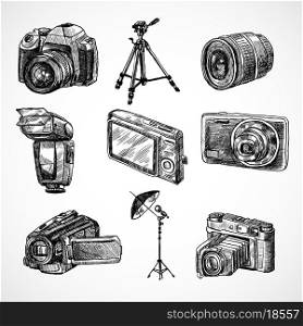 Photo camera digital technology studio equipment hand drawn set isolated vector illustration