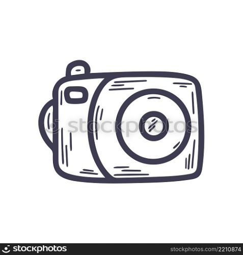 Photo camera doodle style. Hand drawn camera sketch for capturing moments. Photographer equipment vector isolated illustration. Photo camera doodle style