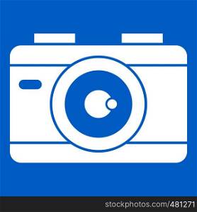 Photo camera icon white isolated on blue background vector illustration. Photo camera icon white