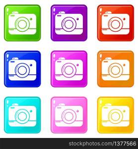 Photo camera icons set 9 color collection isolated on white for any design. Photo camera icons set 9 color collection