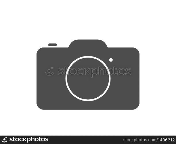 Photo camera illustration in black and white in flat design. Picture and snapshot digital photocamera. Isolated snapshot icon. Vector EPS 10.
