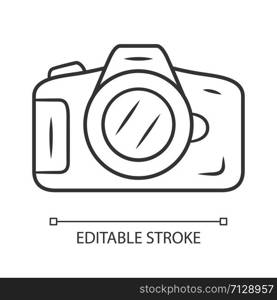 Photo camera linear icon. Professional photocamera. Making snapshots, taking pictures device. Thin line illustration. Contour symbol. Vector isolated outline drawing. Editable stroke