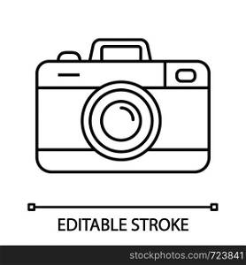 Photo camera linear icon. Thin line illustration. Photography. Taking pictures. Contour symbol. Vector isolated outline drawing. Editable stroke. Photo camera linear icon
