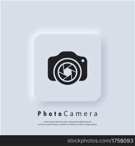Photo camera logo. Camera with lens icon. Photography concept. Vector. Neumorphic UI UX white user interface web button. Neumorphism