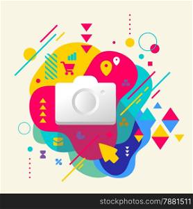 Photo camera on abstract colorful spotted background with different elements. Flat design.