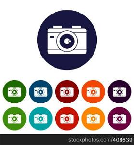 Photo camera set icons in different colors isolated on white background. Photo camera set icons