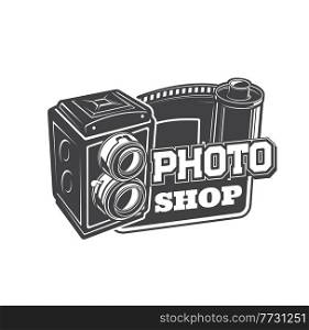 Photo camera shop icon. Photography studio or atelier, vintage photo equipment store monochrome vector emblem or icon with classic old medium format waist-level viewfinder camera and film roll. Photo camera shop, atelier monochrome vector icon