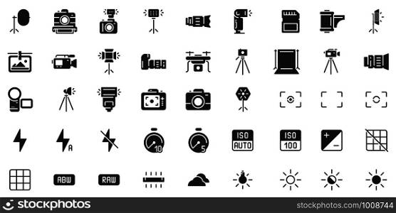 Photo camera silhouette icon. Photography cameras shutter speed, aperture and digital camera exposure black stencil. Video camera lens, film or dslr tripod pictogram. Isolated icons vector set. Photo camera silhouette icon. Photography cameras shutter speed, aperture and digital camera exposure black stencil icons vector set