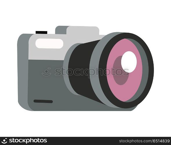 Photo Camera Vector Illustration in Flat Design. Photo camera icon. Compact digital mirrorless photo camera with lens flat vector illustration isolated on white background. Modern electronics device for photography. For store ad, logo, web design. Photo Camera Vector Illustration in Flat Design