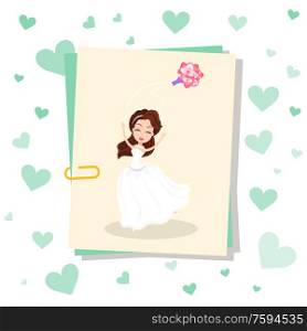 Photo card on clip, bride in white dress throwing bouquet. Vector young girl in engagement gown and flowers on wall with hearts, memories from wedding. Photo Card on Clip Bride in Dress Throwing Bouquet