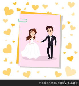 Photo card on clip with happy newlywed couple dancing first dance. Vector just married husband and wife in wedding white dress and black suit sincerely smiling. Photo Card on Clip Happy Newlywed Couple Dancing