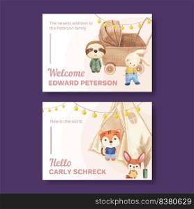 Photo card template with very peri boho nursery concept,watercolor style  