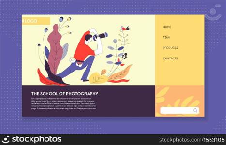 Photo classes signing up photography school web page template online vector photographer or photojournalist papparazzi and photocorrespondent art composition and framework Internet lessons site. Photography school web page online photo classes signing up