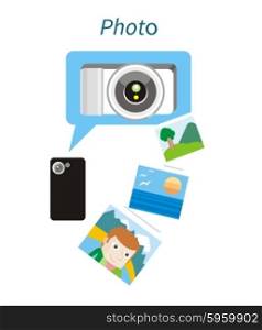 Photo concept flat design style. Photo frame, camera and photography, picture and photo album, photo icon, technology device, equipment illustration