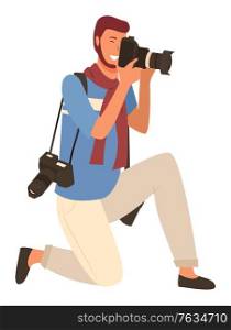 Photo correspondent with camera isolated, profile view. Man paparazzi standing on one knee and making professional shoots on photo camera. Vector illustration in flat cartoon style. Photo Correspondent with Camera Isolated, Profile View