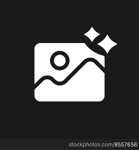 Photo editing dark mode glyph ui icon. Simple filled line element. User interface design. White silhouette symbol on black space. Solid pictogram for web, mobile. Vector isolated illustration. Photo editing dark mode glyph ui icon