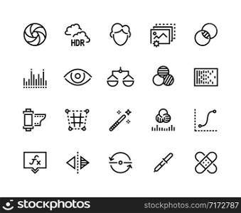 Photo editing line icons. Camera image correction, beautifier filters, contrast and light balance tools. Vector healing instruments simple icon. Photo editing line icons. Camera image correction, beautifier filters, contrast and light balance tools. Vector healing instruments