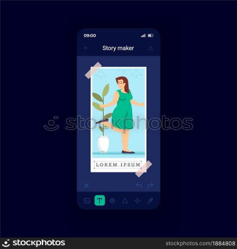 Photo editor night mode smartphone interface vector template. Social media content edit. Mobile app page design layout. Online filters screen. Flat UI for application. Phone display. Photo editor night mode smartphone interface vector template